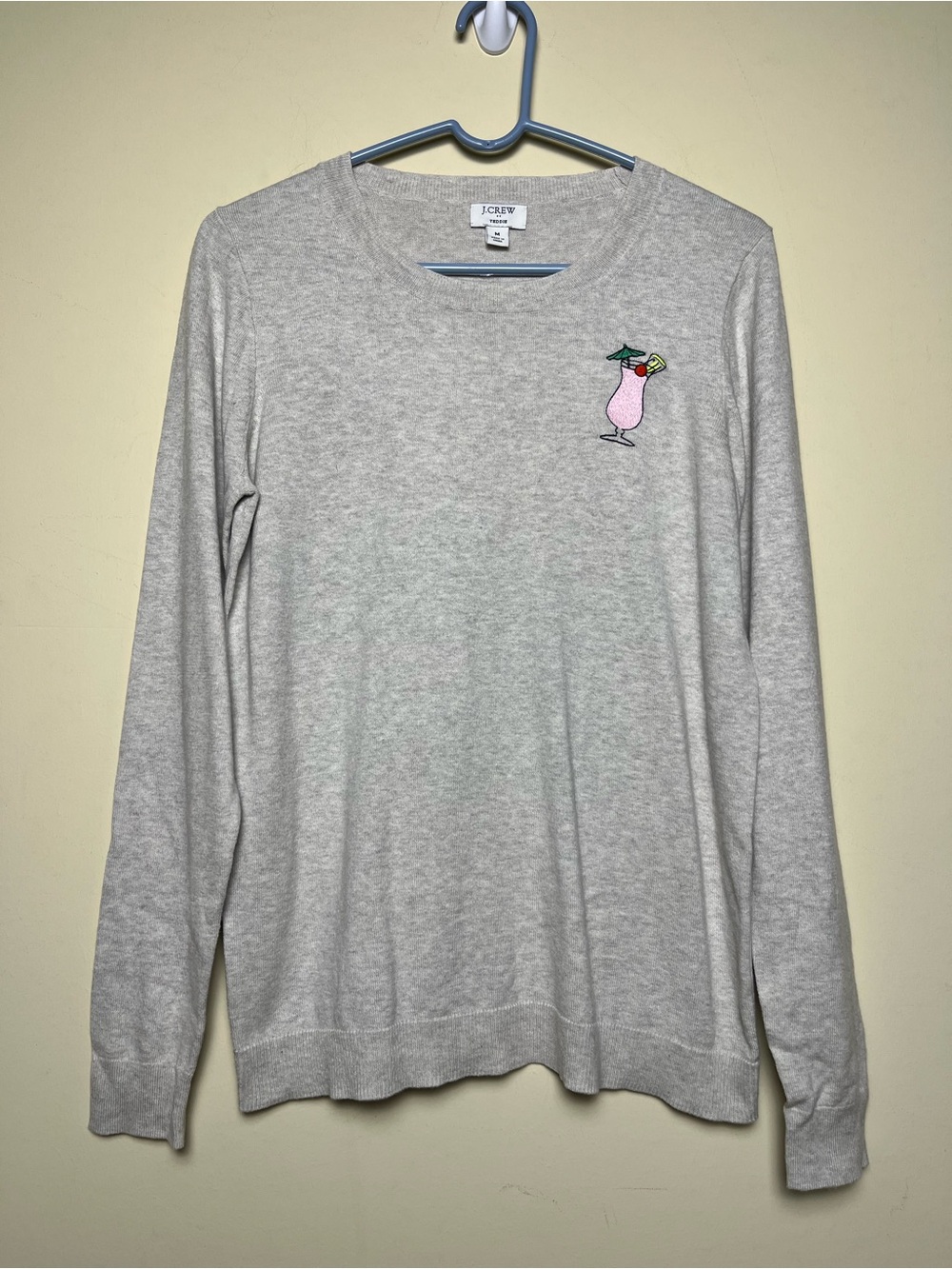 J. Crew Teddie Sweater Pina Colada Light Gray Crewneck Pink Cocktail Size M